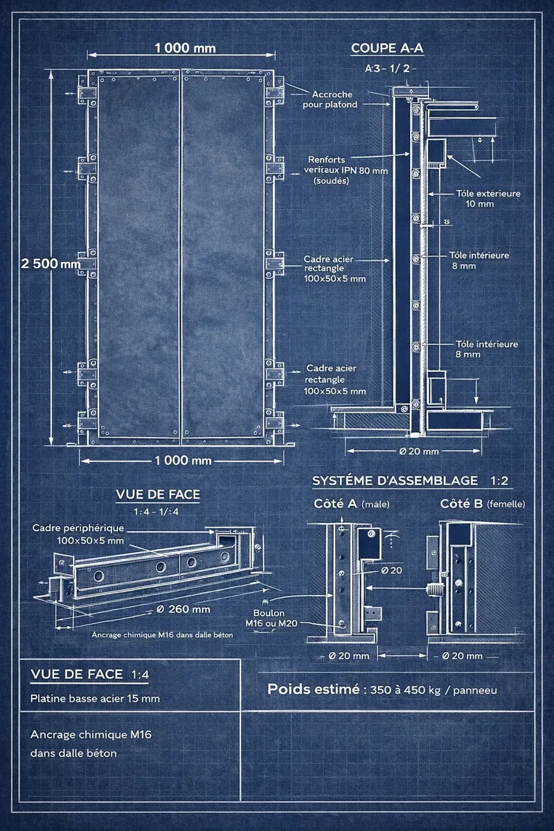 Plan technique de coupe d'un panneau de bunker BAS montrant les épaisseurs de tôle et renforts IPN