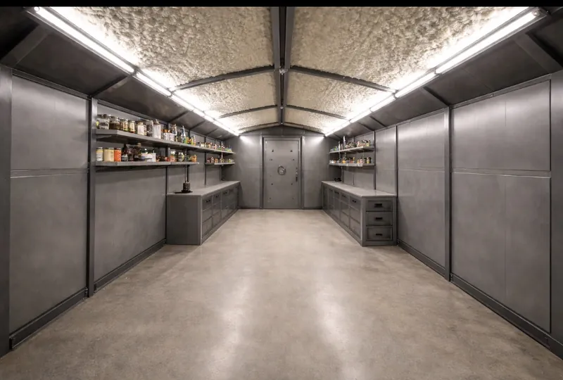 Intérieur aménagé d'un abri souterrain BAS avec réserves