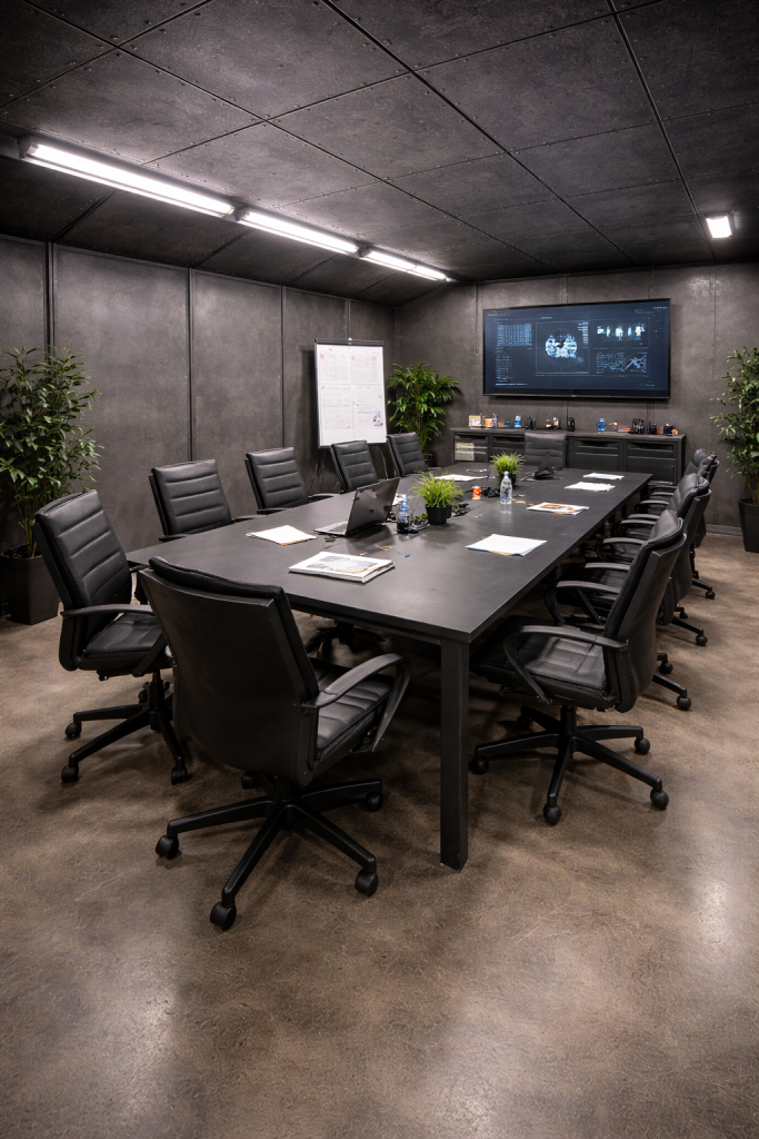 Un bunker modulaire aménagé en salle de commandement : table de conférence, écran de surveillance, éclairage LED et même des plantes vertes. La preuve qu'un abri souterrain peut être un véritable espace de vie fonctionnel et confortable.